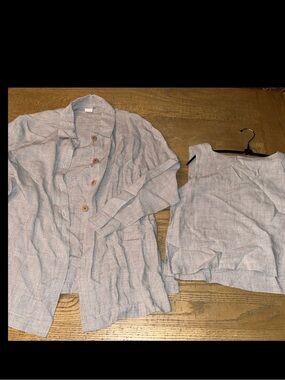 Eileen Fisher M Tan Gray Linen Button Up Collared Shirt & Tank Top Set